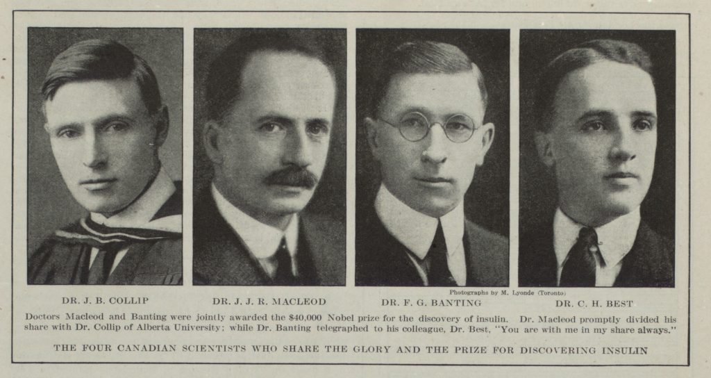 "Insulin wins great prize" article in Literary Digest, photographs of Collip, Macleod, Banting, Best