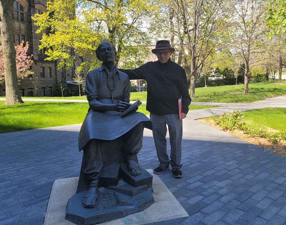 Irv Rosen with Statue of Norman Bethune